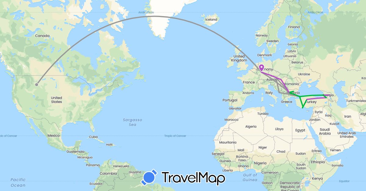TravelMap itinerary: driving, bus, plane, train in Austria, Bulgaria, Germany, Georgia, Croatia, Hungary, Turkey, United States (Asia, Europe, North America)